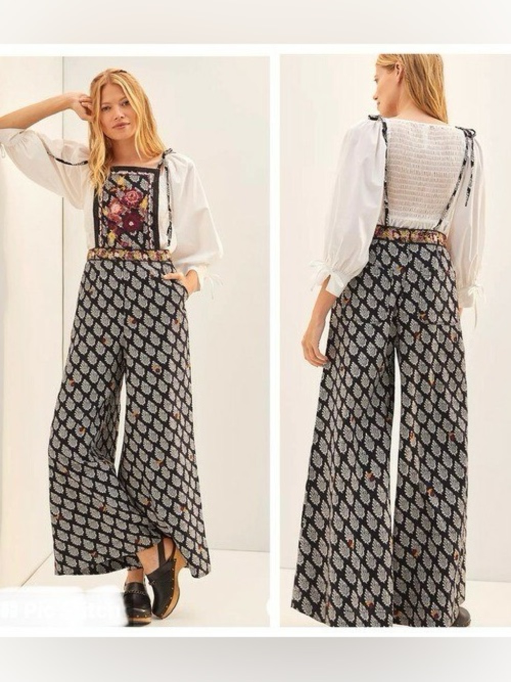 Anthropologie Embroidered Tie Strap Wide Leg Jumpsuit Overalls